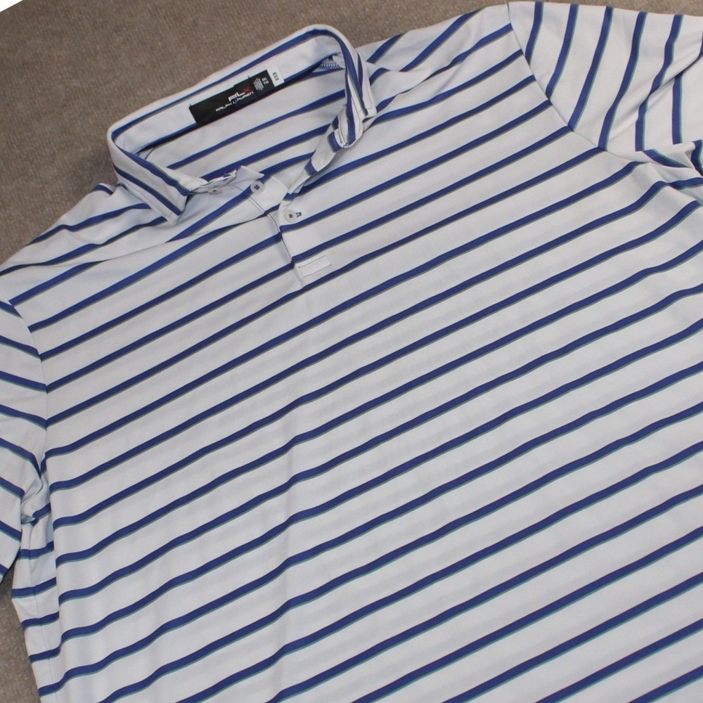 RLX Ralph Lauren Mens XXL Striped Performance Golf Polo Shirt White Blue Green
